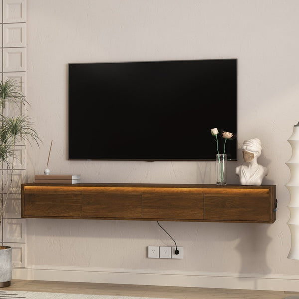 English Elm Floating Wall Mounted Tv Stand with Led Lighting and Outlets High Gloss Living Room Shelf Brown W1321P478422