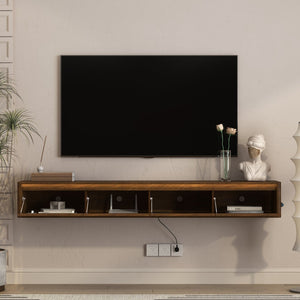 English Elm Floating Wall Mounted Tv Stand with Led Lighting and Outlets High Gloss Living Room Shelf Brown W1321P478422