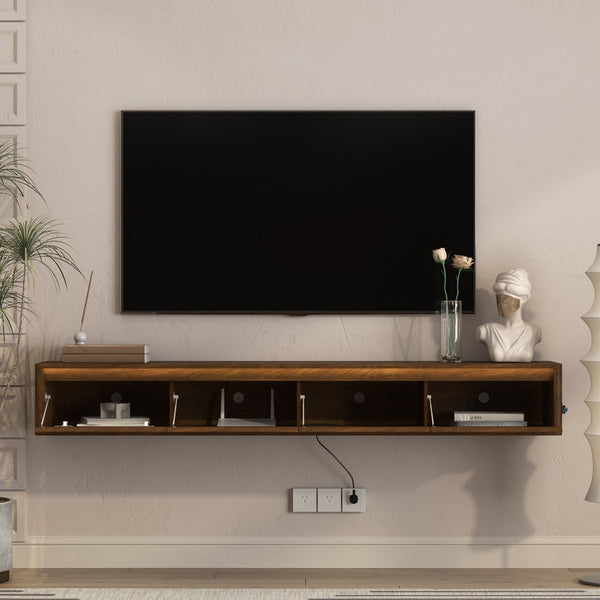 English Elm Floating Wall Mounted Tv Stand with Led Lighting and Outlets High Gloss Living Room Shelf Brown W1321P478422