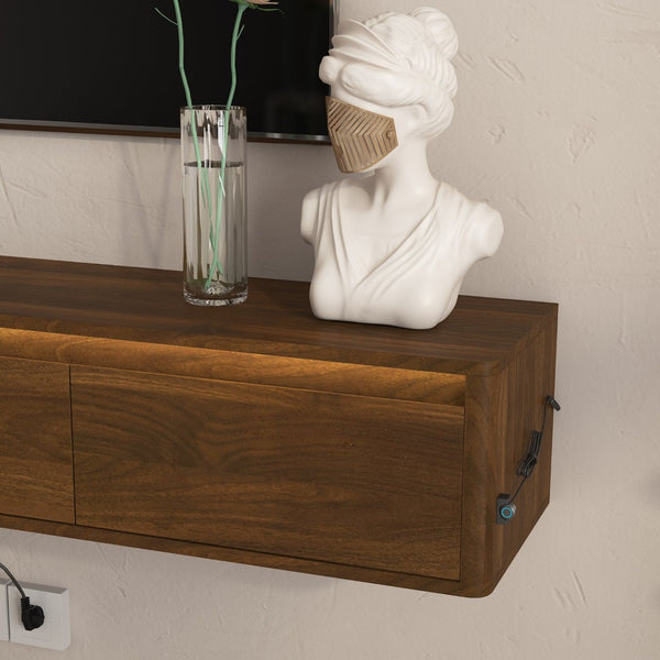 English Elm Floating Wall Mounted Tv Stand with Led Lighting and Outlets High Gloss Living Room Shelf Brown W1321P478422