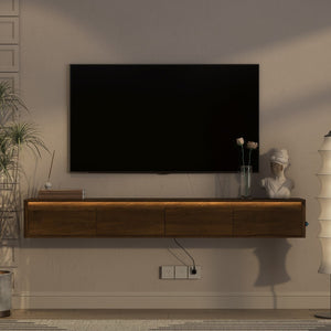 English Elm Floating Wall Mounted Tv Stand with Led Lighting and Outlets High Gloss Living Room Shelf Brown W1321P478422
