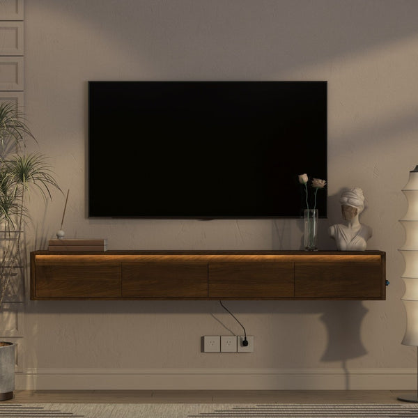English Elm Floating Wall Mounted Tv Stand with Led Lighting and Outlets High Gloss Living Room Shelf Brown W1321P478422