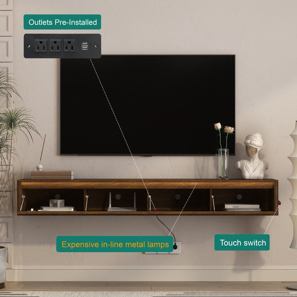 English Elm Floating Wall Mounted Tv Stand with Led Lighting and Outlets High Gloss Living Room Shelf Brown W1321P478422