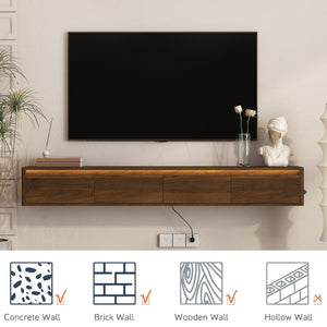 English Elm Floating Wall Mounted Tv Stand with Led Lighting and Outlets High Gloss Living Room Shelf Brown W1321P478422