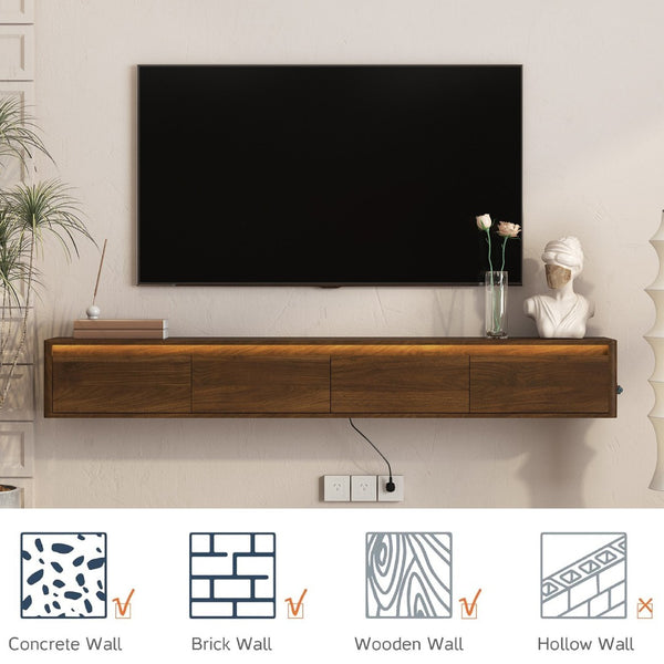 English Elm Floating Wall Mounted Tv Stand with Led Lighting and Outlets High Gloss Living Room Shelf Brown W1321P478422