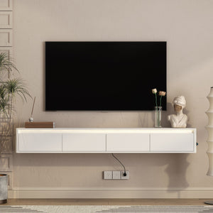 English Elm Floating Wall Mounted Tv Stand with Led Lighting and Outlets High Gloss Living Room Shelf White W1321P478424