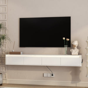English Elm Floating Wall Mounted Tv Stand with Led Lighting and Outlets High Gloss Living Room Shelf White W1321P478424