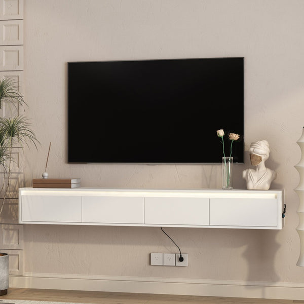 English Elm Floating Wall Mounted Tv Stand with Led Lighting and Outlets High Gloss Living Room Shelf White W1321P478424