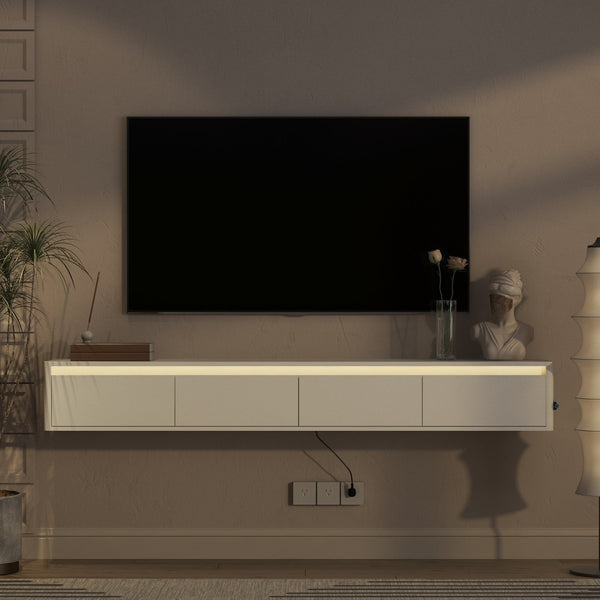 English Elm Floating Wall Mounted Tv Stand with Led Lighting and Outlets High Gloss Living Room Shelf White W1321P478424