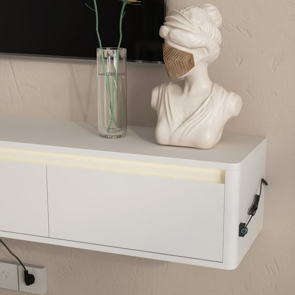 English Elm Floating Wall Mounted Tv Stand with Led Lighting and Outlets High Gloss Living Room Shelf White W1321P478424