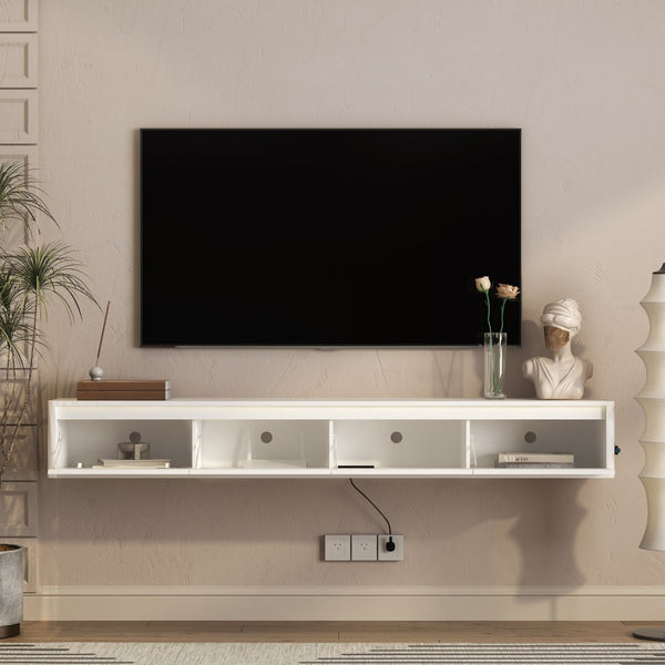 English Elm Floating Wall Mounted Tv Stand with Led Lighting and Outlets High Gloss Living Room Shelf White W1321P478424