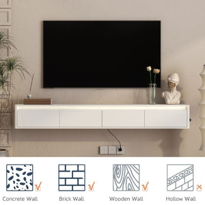 English Elm Floating Wall Mounted Tv Stand with Led Lighting and Outlets High Gloss Living Room Shelf White W1321P478424