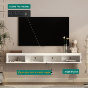 English Elm Floating Wall Mounted Tv Stand with Led Lighting and Outlets High Gloss Living Room Shelf White W1321P478424