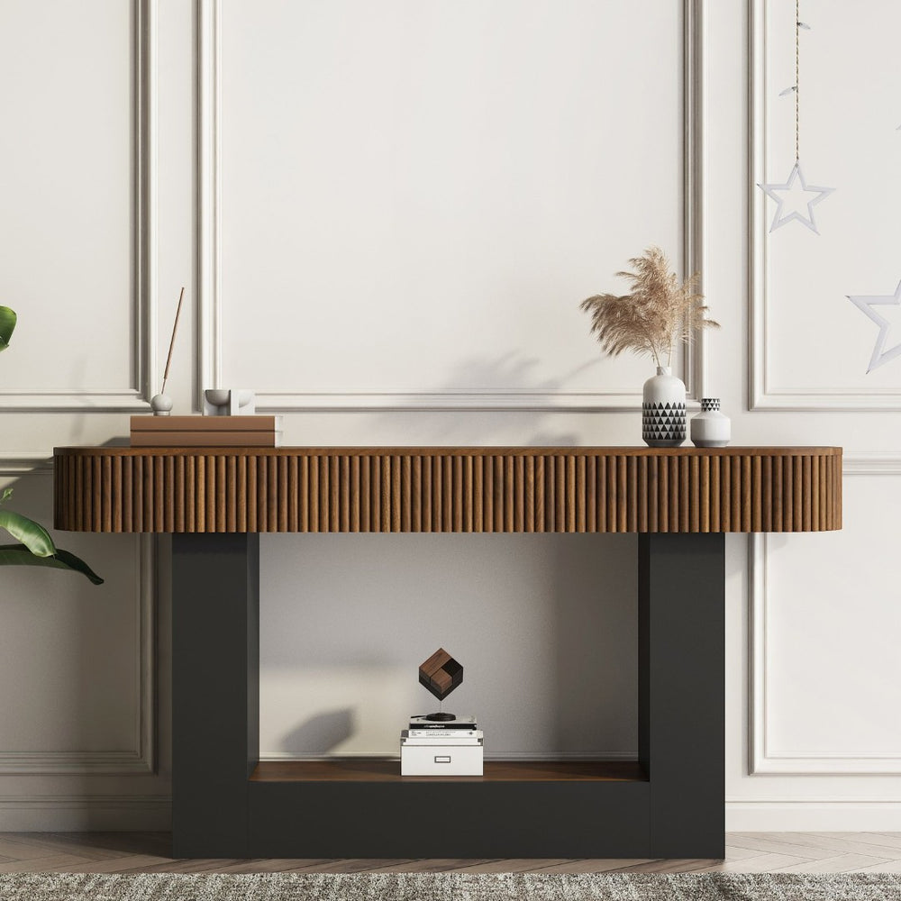 English Elm 62.9-Inch Farmhouse Console Table Slim Wood Grain Sofa Wall Entryway Accent in Black W1321P487113