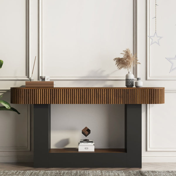English Elm 62.9-Inch Farmhouse Console Table Slim Wood Grain Sofa Wall Entryway Accent in Black W1321P487113
