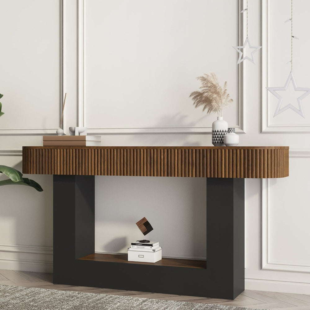 English Elm 62.9-Inch Farmhouse Console Table Slim Wood Grain Sofa Wall Entryway Accent in Black W1321P487113