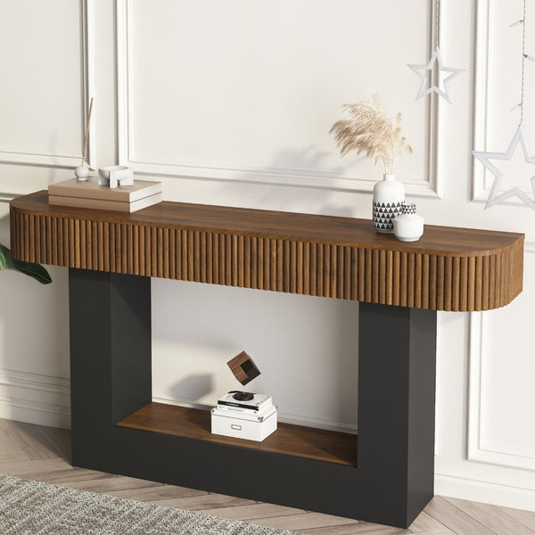 English Elm 62.9-Inch Farmhouse Console Table Slim Wood Grain Sofa Wall Entryway Accent in Black W1321P487113
