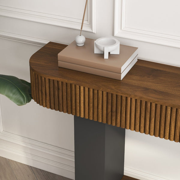 English Elm 62.9-Inch Farmhouse Console Table Slim Wood Grain Sofa Wall Entryway Accent in Black W1321P487113