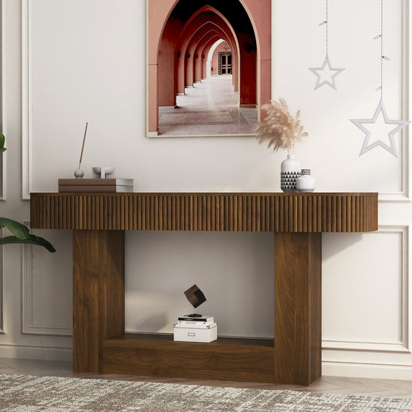 English Elm 62.9-Inch Farmhouse Console Table Slim Wood Grain Sofa Back Foyer Entryway Accent W1321P487148