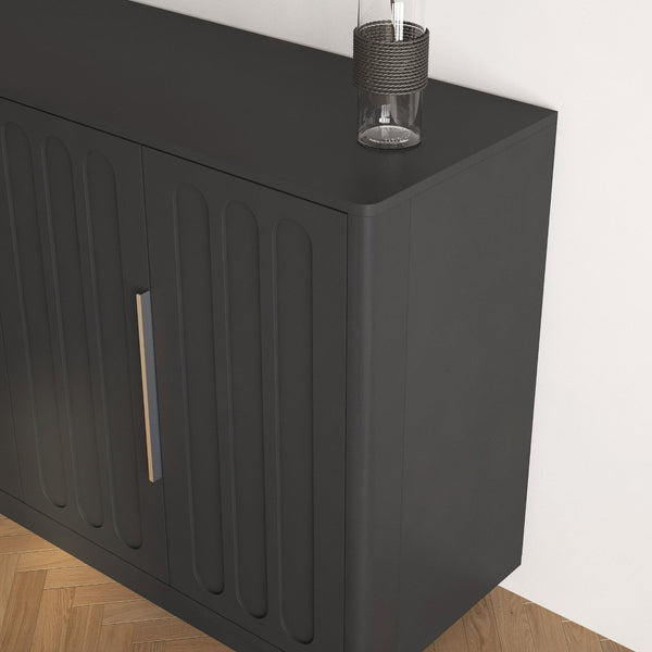 English Elm Black Fluted Wood Credenza with Adjustable Storage for Dining Room or Entryway W1321P492835