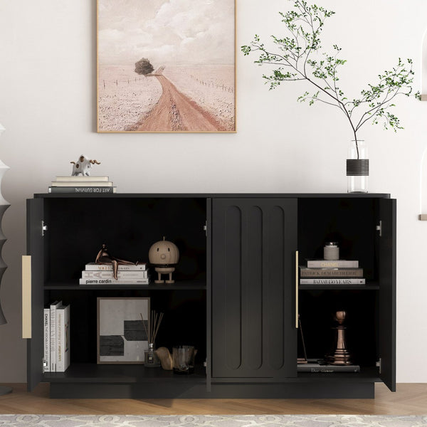 English Elm Black Fluted Wood Credenza with Adjustable Storage for Dining Room or Entryway W1321P492835