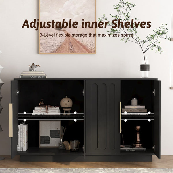 English Elm Black Fluted Wood Credenza with Adjustable Storage for Dining Room or Entryway W1321P492835