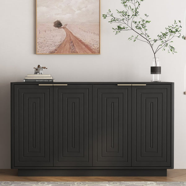English Elm Black Fluted Wood Credenza with Adjustable Interior Shelves for Dining or Entryway W1321P492850