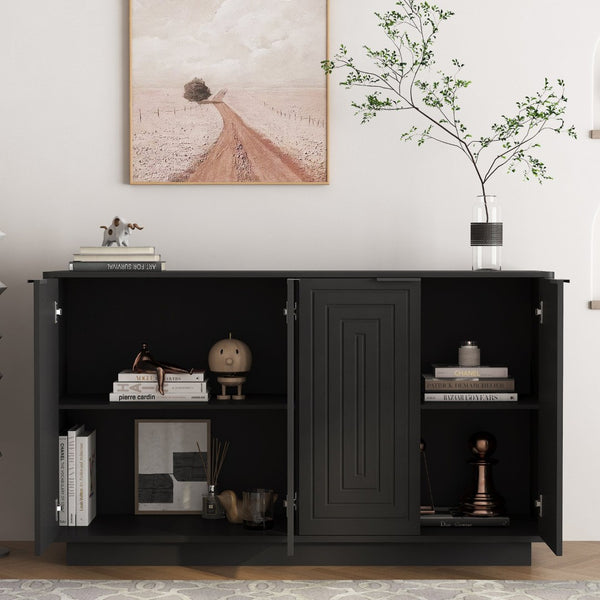 English Elm Black Fluted Wood Credenza with Adjustable Interior Shelves for Dining or Entryway W1321P492850