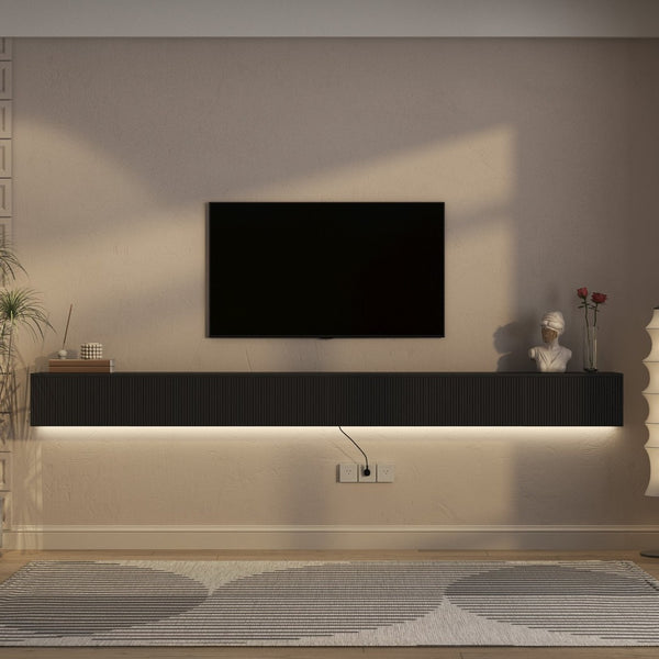 English Elm Floating Wall Mounted Tv Stand with Rgb Led Backlighting for Large Screen Living Rooms Black W1321P511648