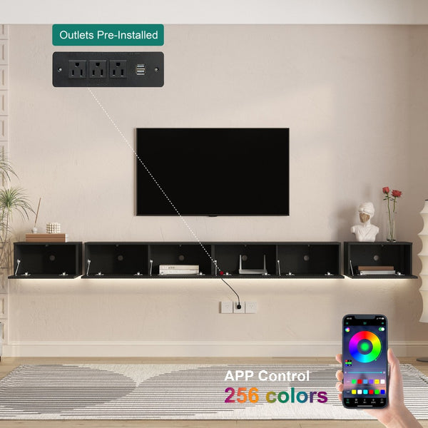 English Elm Floating Wall Mounted Tv Stand with Rgb Led Backlighting for Large Screen Living Rooms Black W1321P511648