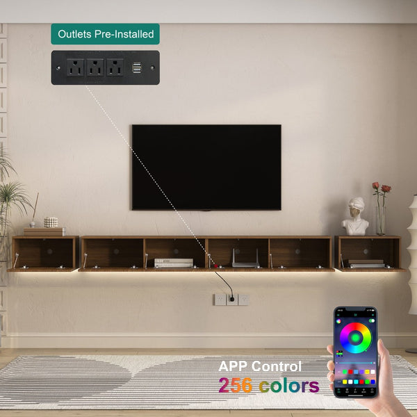 English Elm Floating Wall Mounted Tv Stand with Rgb Led Backlighting for Large Screen Living Rooms W1321P511674