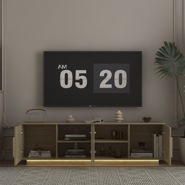 English Elm Tv Stand with LED Lighting 68 Inch Modern Entertainment Center for Living Room W1321P527016