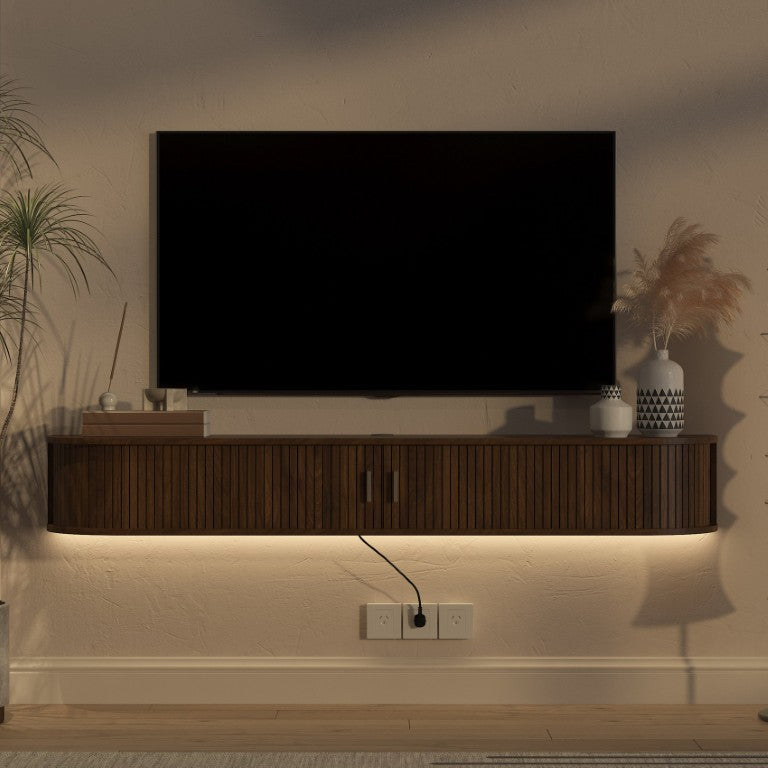 English Elm Floating Wall Mounted Media Console with LED Lighting Mid Century Sliding Door Design W1321P537316