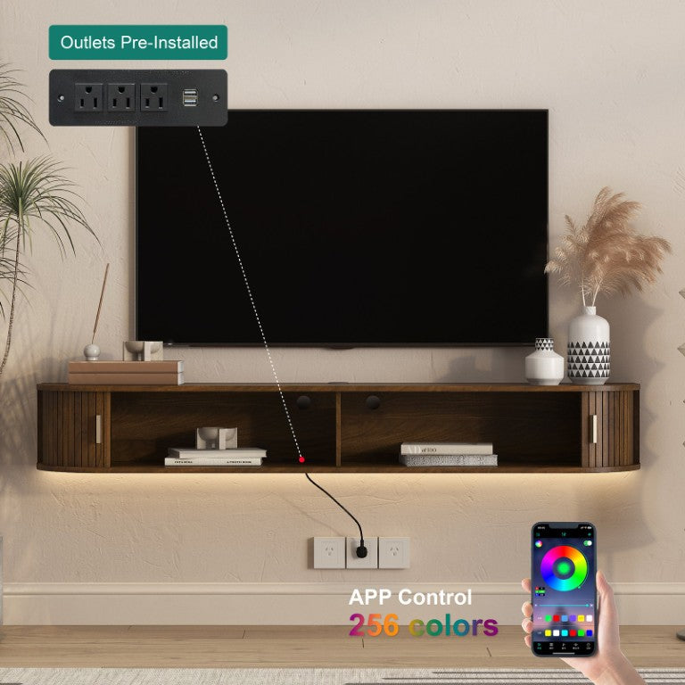English Elm Floating Wall Mounted Media Console with LED Lighting Mid Century Sliding Door Design W1321P537316