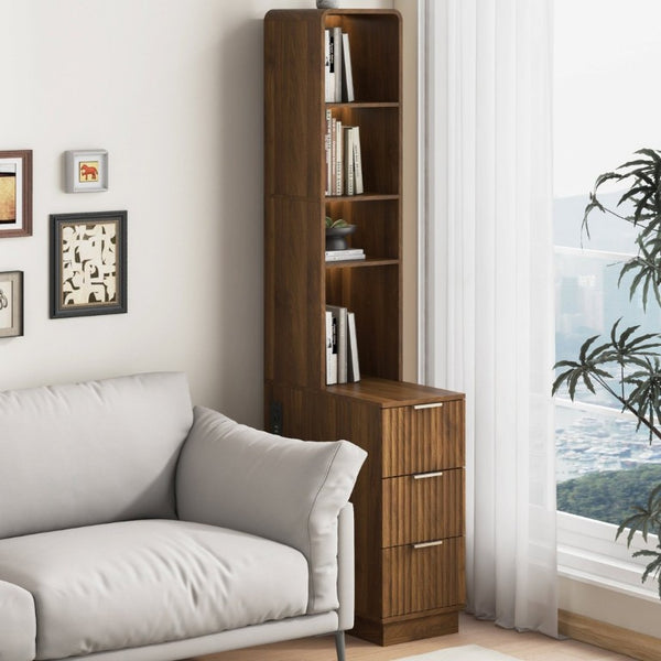 English Elm Storage Cabinet Tall Walnut Corner Bookcase with Open Shelves and Three Side Drawers W1321P542776