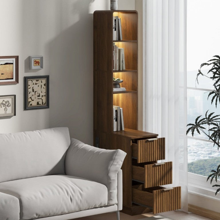 English Elm Storage Cabinet Tall Walnut Corner Bookcase with Open Shelves and Three Side Drawers W1321P542776