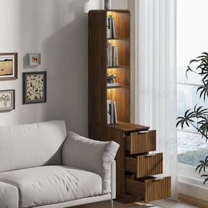 English Elm Storage Cabinet Tall Walnut Corner Bookcase with Open Shelves and Three Side Drawers W1321P542776