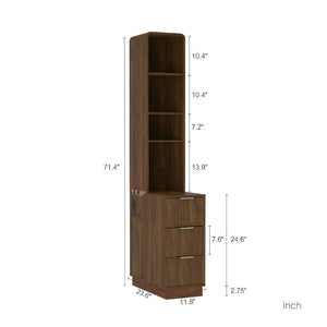 English Elm Storage Cabinet Tall Walnut Corner Bookcase with Open Shelves and Three Side Drawers W1321P542776