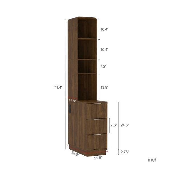 English Elm Storage Cabinet Tall Walnut Corner Bookcase with Open Shelves and Three Side Drawers W1321P542776
