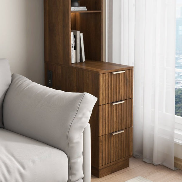 English Elm Storage Cabinet Tall Walnut Corner Bookcase with Open Shelves and Three Side Drawers W1321P542776