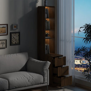 English Elm Storage Cabinet Tall Walnut Corner Bookcase with Open Shelves and Three Side Drawers W1321P542776