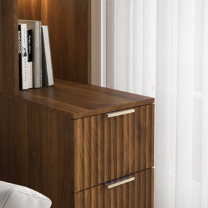 English Elm Storage Cabinet Tall Walnut Corner Bookcase with Open Shelves and Three Side Drawers W1321P542776