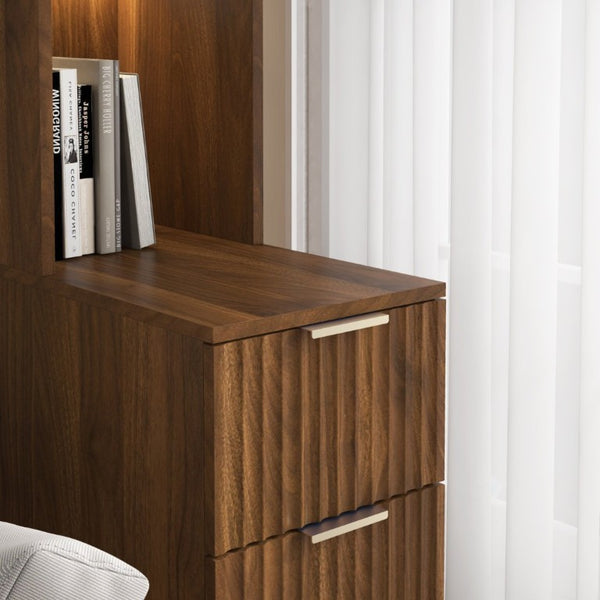 English Elm Storage Cabinet Tall Walnut Corner Bookcase with Open Shelves and Three Side Drawers W1321P542776