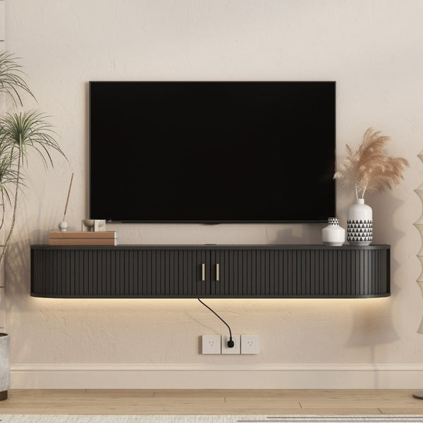 English Elm Floating Wall Mounted Media Console Mid Century Wood Cabinet with LED Backlight W1321P557528