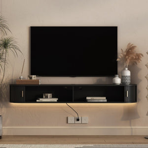 English Elm Floating Wall Mounted Media Console Mid Century Wood Cabinet with LED Backlight W1321P557528