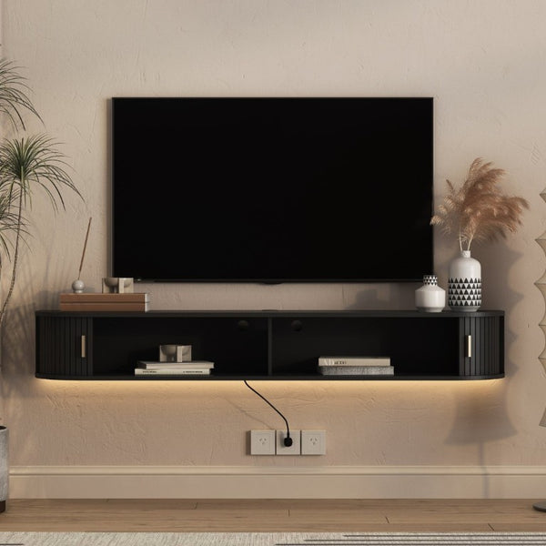English Elm Floating Wall Mounted Media Console Mid Century Wood Cabinet with LED Backlight W1321P557528