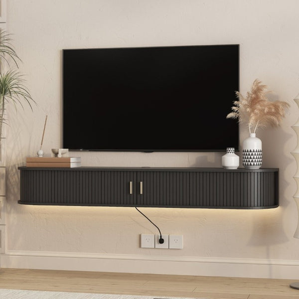 English Elm Floating Wall Mounted Media Console Mid Century Wood Cabinet with LED Backlight W1321P557528