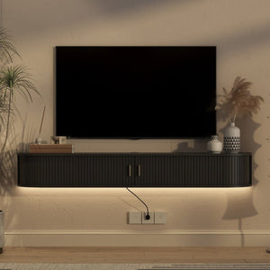 English Elm Floating Wall Mounted Media Console Mid Century Wood Cabinet with LED Backlight W1321P557528