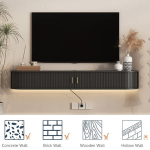 English Elm Floating Wall Mounted Media Console Mid Century Wood Cabinet with LED Backlight W1321P557528