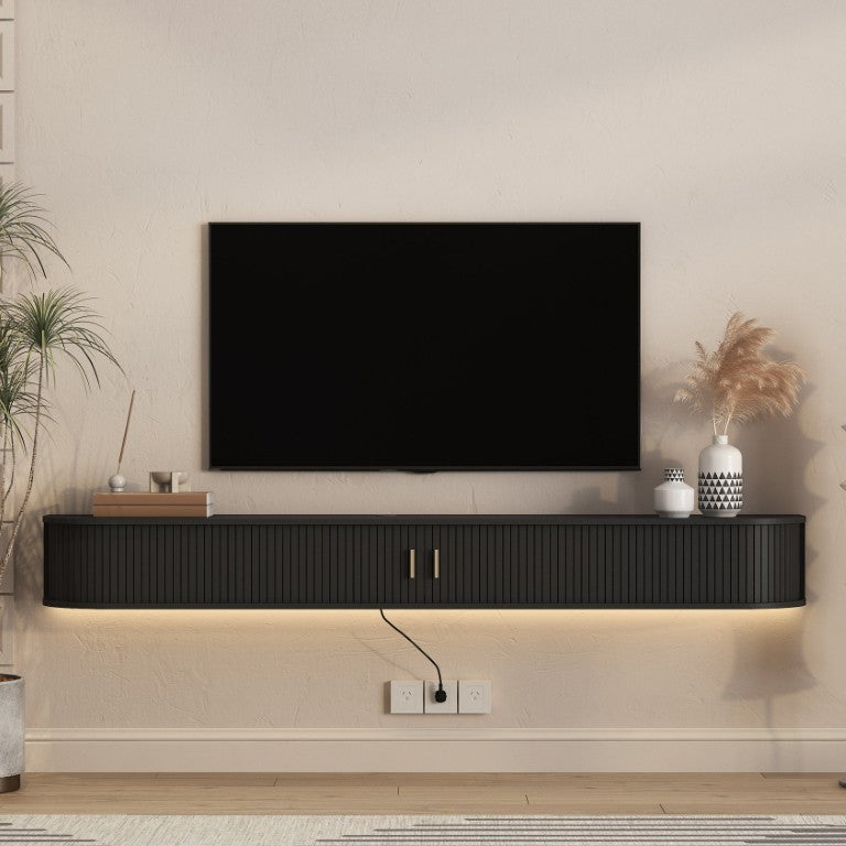 English Elm Floating Wall Mounted TV Console with LED Backlighting Mid Century Curved Sliding Doors Black W1321P568927